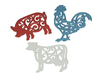 Abound-Zeckos Farm Animal Rustic Cast Iron Trivet Set, Pig, Cow, Rooster